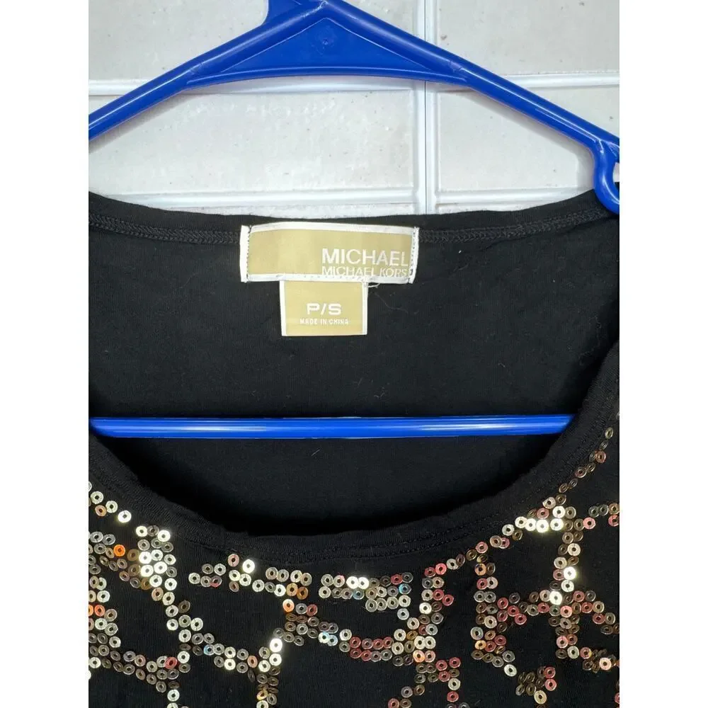 Michael Kors Petite Small Black Shirt with Gold Sequins 100% Rayon